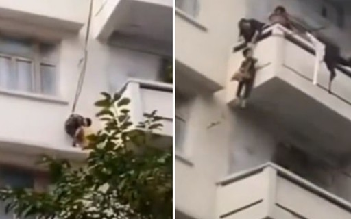 Vídeo: avó pendura neto em varanda de 15 metros para resgatar gato