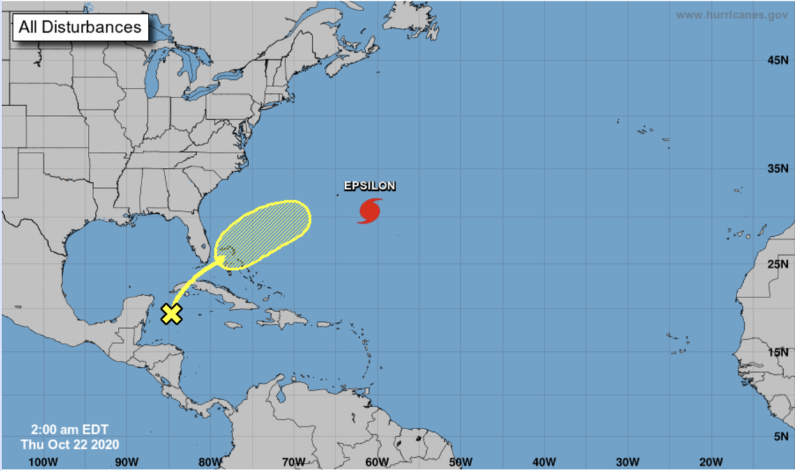 A Caribbean system is forecast to bring rain to South Florida, and Epsilon back to Cat 2