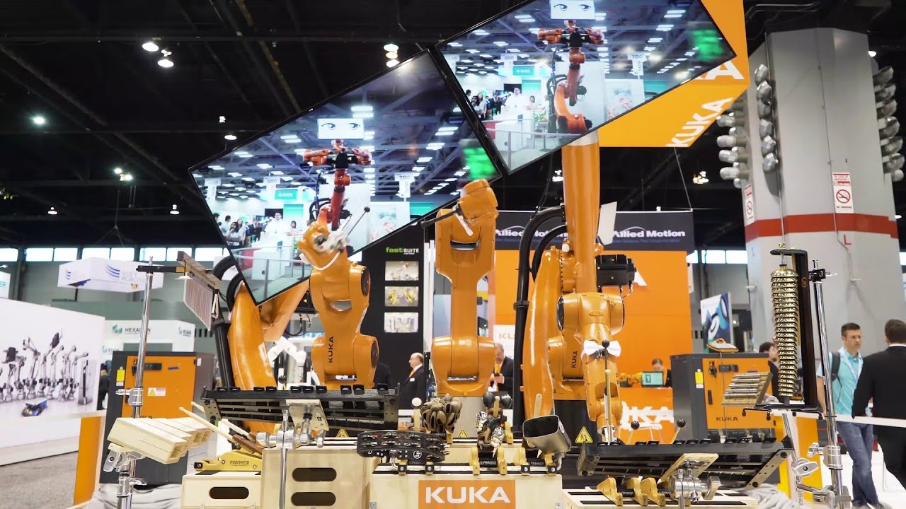 Robot band from andyRobot playing acoustic instruments for KUKA at Automate2019