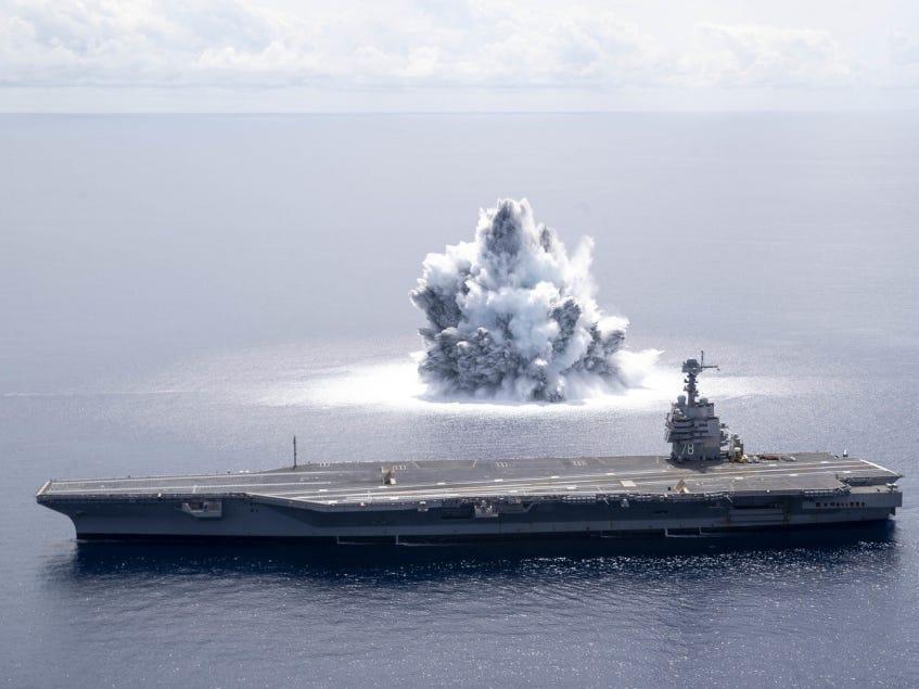 The US Navy set off explosives next to its new aircraft carrier to see if the ship can handle the shock