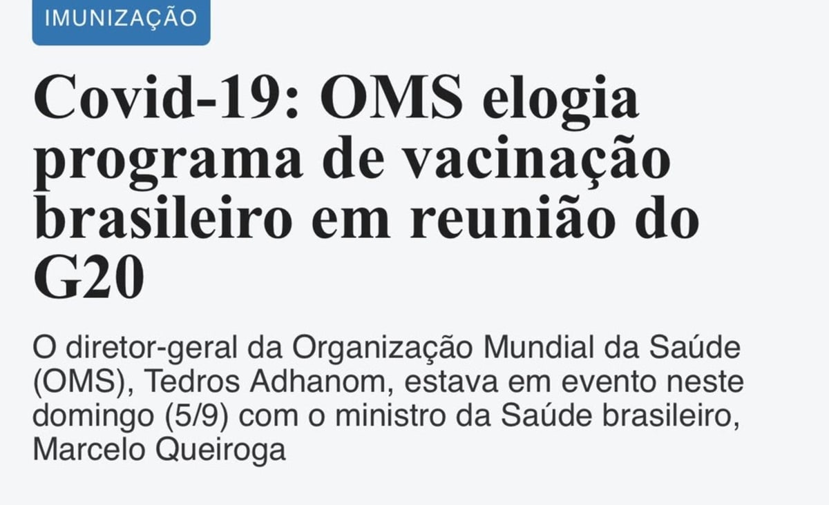 Covid-19: OMS elogia programa de vacinação brasileiro em reunião do G20