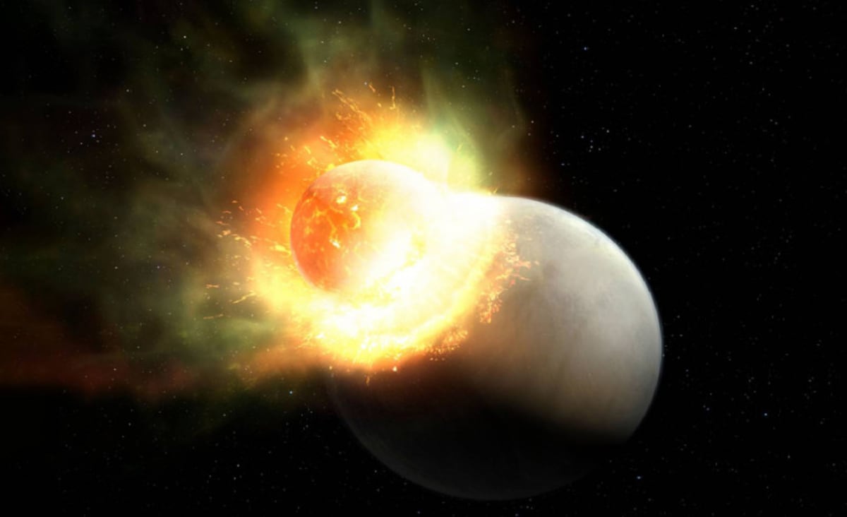 A Colossal Impact Destroyed the Atmosphere of an Alien World