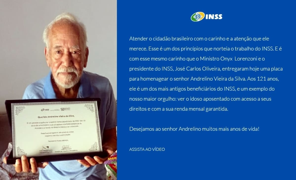 Goiano de 121 anos recebe homenagem do presidente do INSS, José Carlos Oliveira, e Ministro Onyx Lorenzoni