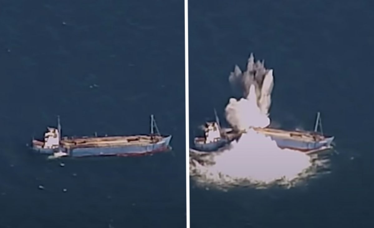 Watch Air Force's 'torpedo-like' guided bomb break a vessel into two