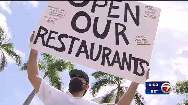 Restaurant owners gather in downtown Miami to protest Mayor Gimenez’s order to close dining rooms