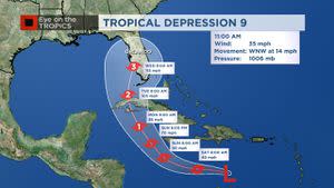 Tropical Depression 9 to continue to strengthen, turn toward Florida