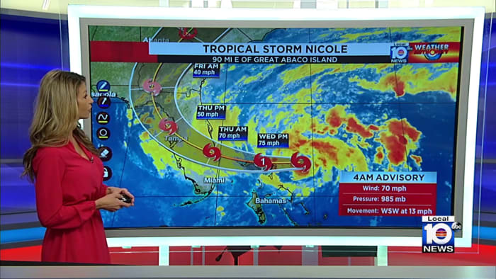 Center of Tropical Storm Nicole to approach east coast of Florida tonight